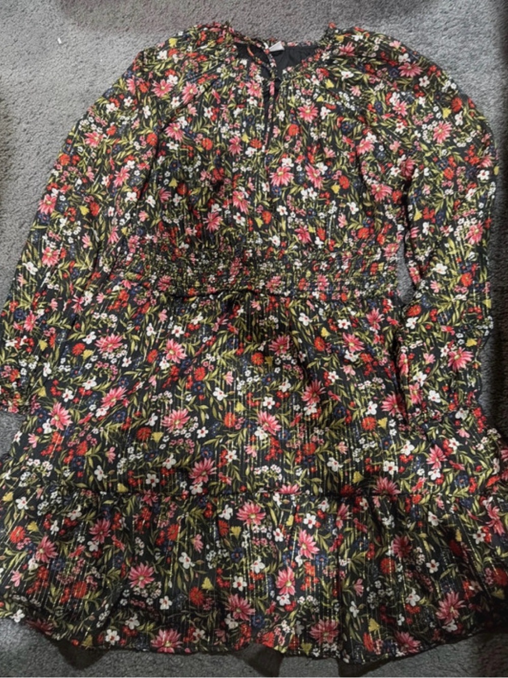 Old Navy Black Floral Long-Sleeve Dress with Pink & Green Accents